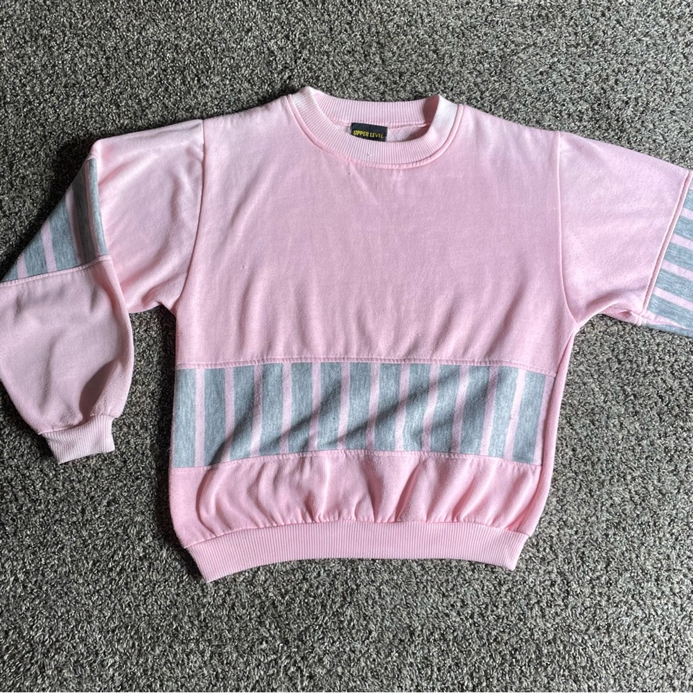 Vintage 80s Pink & Gray Striped Sweatshirt Size Large
